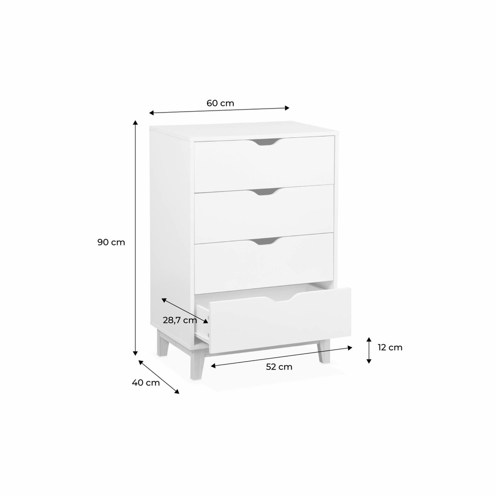 Commode blanche scandinave - floki - pieds en bois de sapin. 4 tiroirs. 60x40x90cm