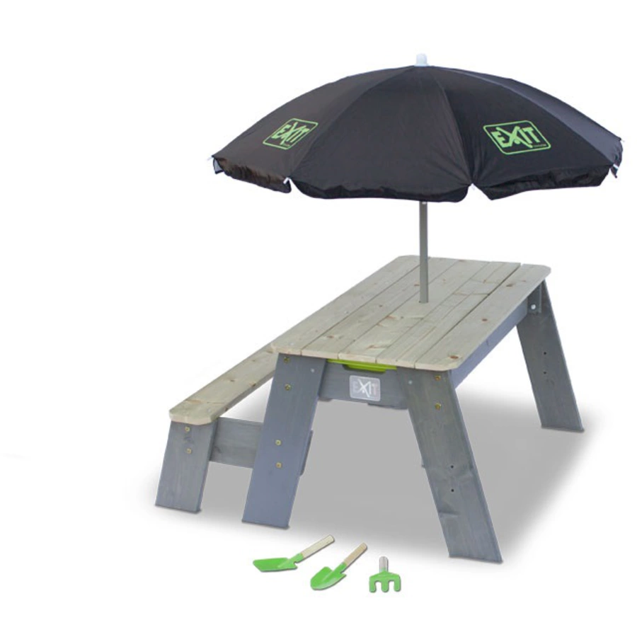 EXIT Aksent Sand,- Wasser- und Picknicktisch (1 Bank) mit Sonnenschirm und Gartenwerkzeugen