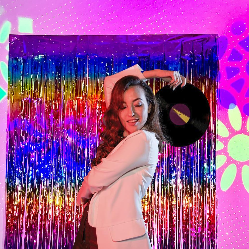 (4er Set) 2x1m Party Deko Lametta Glänzender Fransen Vorhang Dekoration Foto Hintergrund im Stern Design - Regenbogen