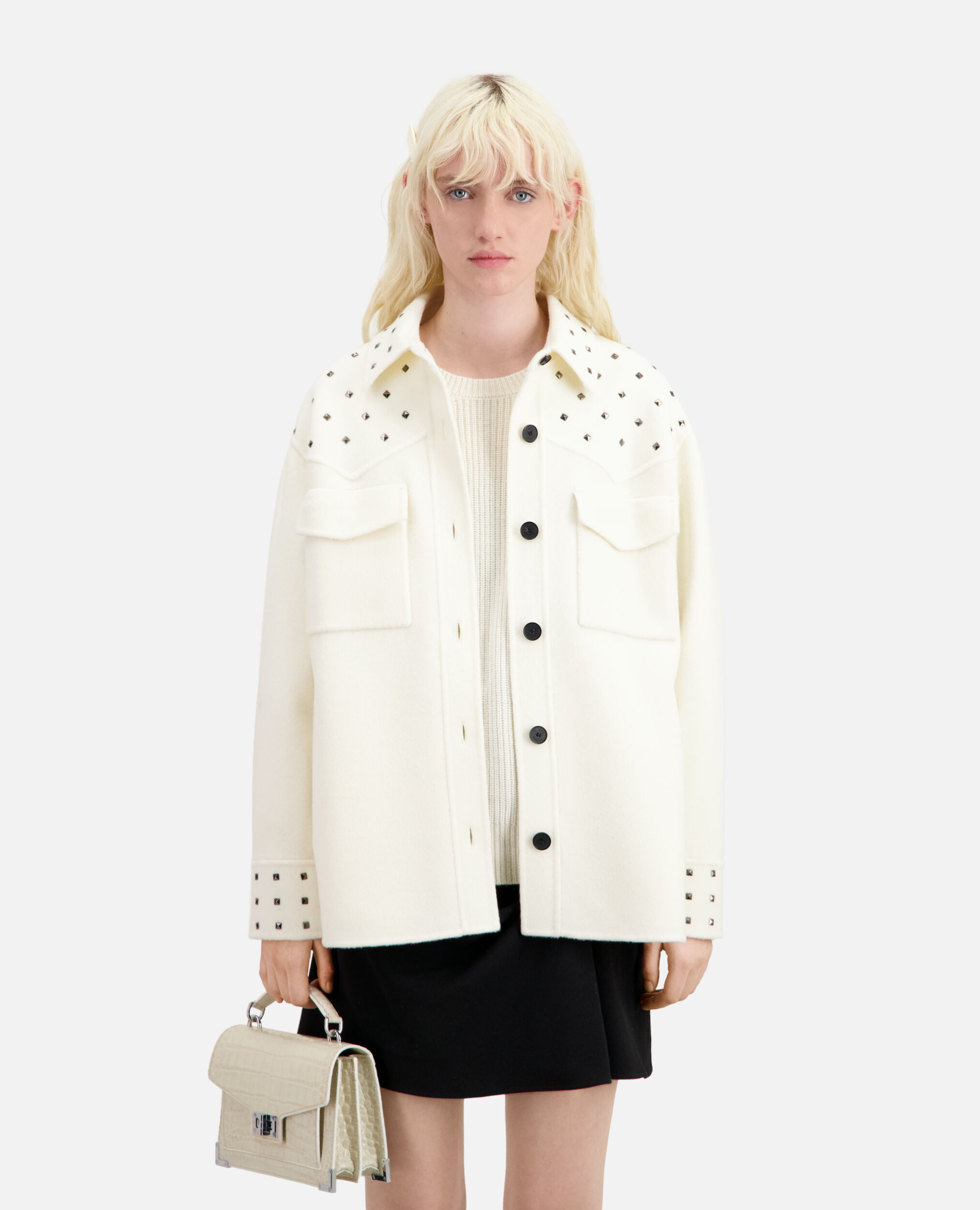 Ecru wool-blend overshirt-style jacket with studs