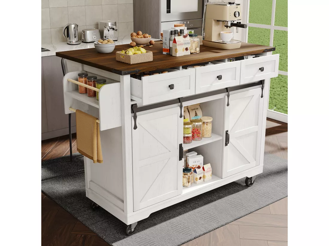 Ilot central de cuisine - avec plateau escamotable - 2 portes coulissantes avec étagères et 3 tiroirs - Beige