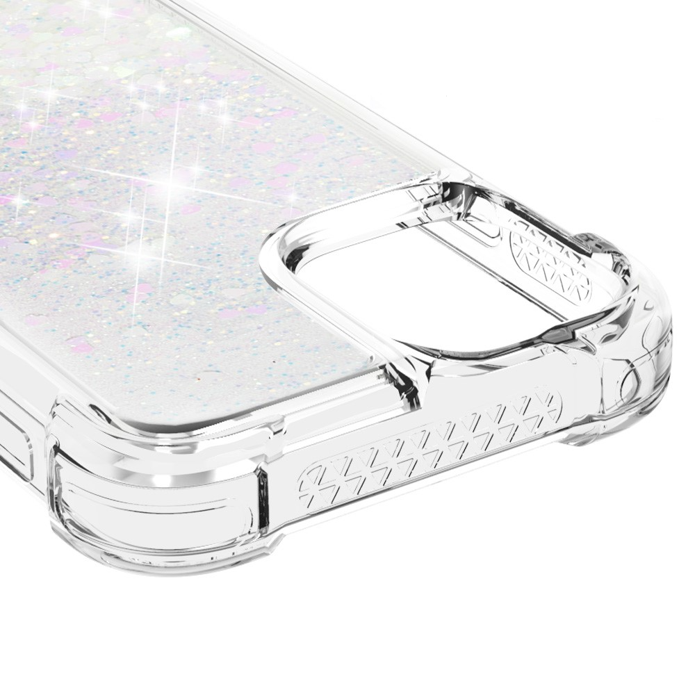 iPhone 13 Hardcase Hülle mit Air Cushion Fallschutz Liquid Case Glitzer Herzen - Silber / Transparent