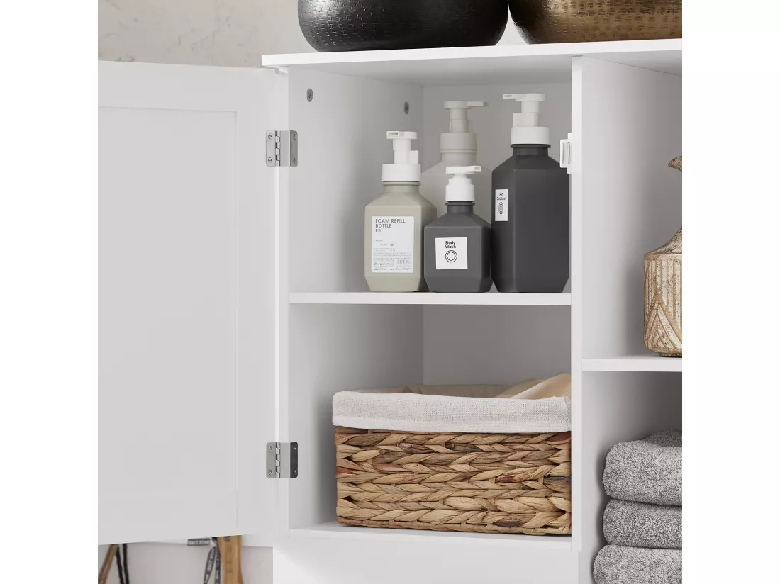 SoBuy BZR104-W Meuble Colonne de Salle de Bain Placard avec 2 Portes et 2 Tiroirs, 6 Étagères et 1 Panier à Linge