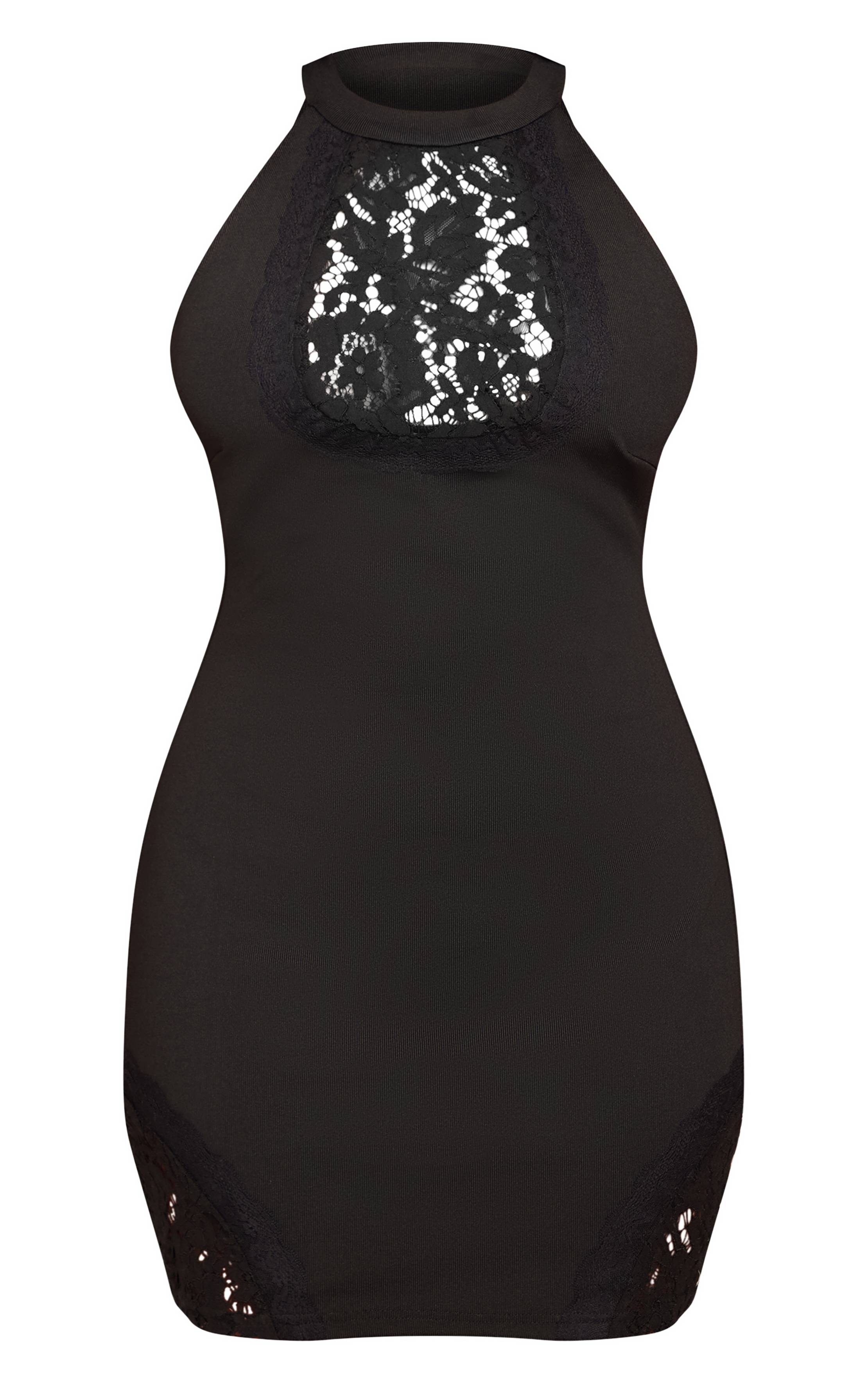 Noir Robe Moulante Mini À Col Haut Avec Empiècements En Dentelle Contrastée