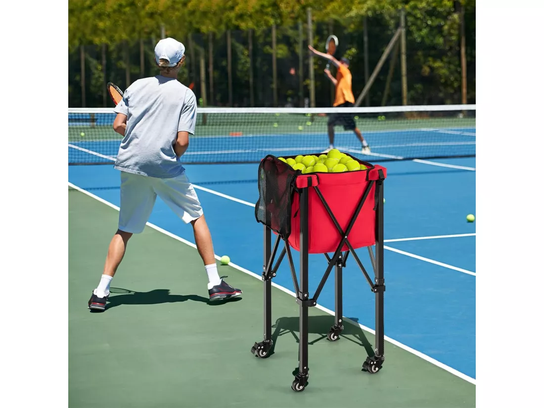 Chariot de Balle de Tennis Pliable avec Sac de Transport, Panier à Balles de Tennis en Aluminium Contient 150 Balles de Tennis avec 2 Roues de Frein Poches Latérales, Rouge