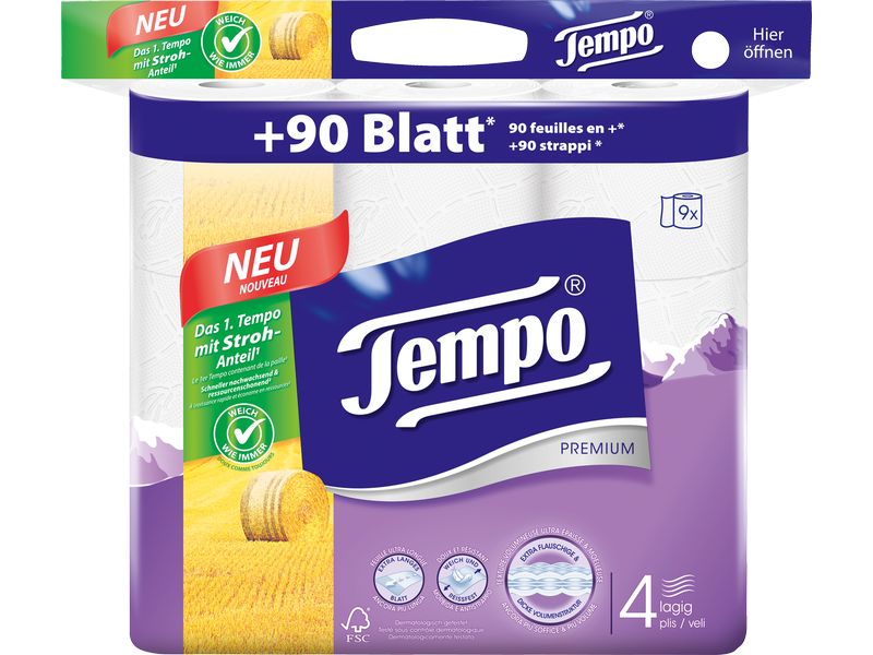 Tempo Toilettenpapier Premium 9 Rollen, 4-lagig, Weiss WC Papier Premium