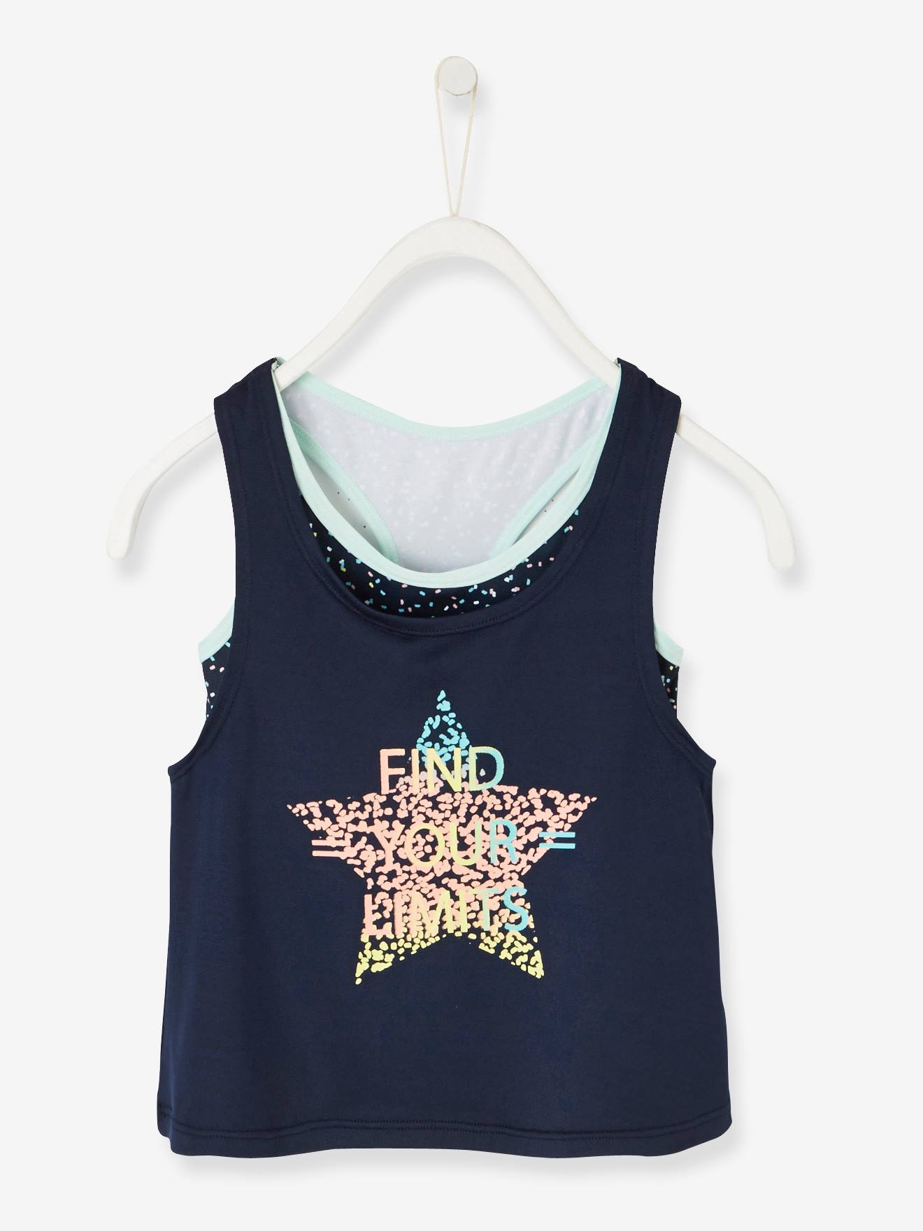 Camiseta esportiva sem mangas, efeito 2 em 1, azul-escura lisa com estampas.