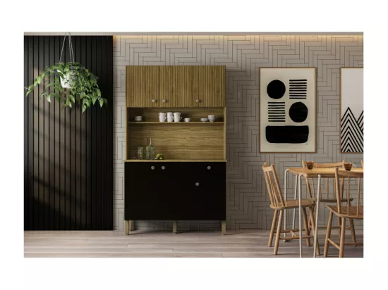 Buffet de Cuisine 6 Portes 1 Tiroir Chêne et Noir 7 Niches L 111 H 185 P 39.3 cm
