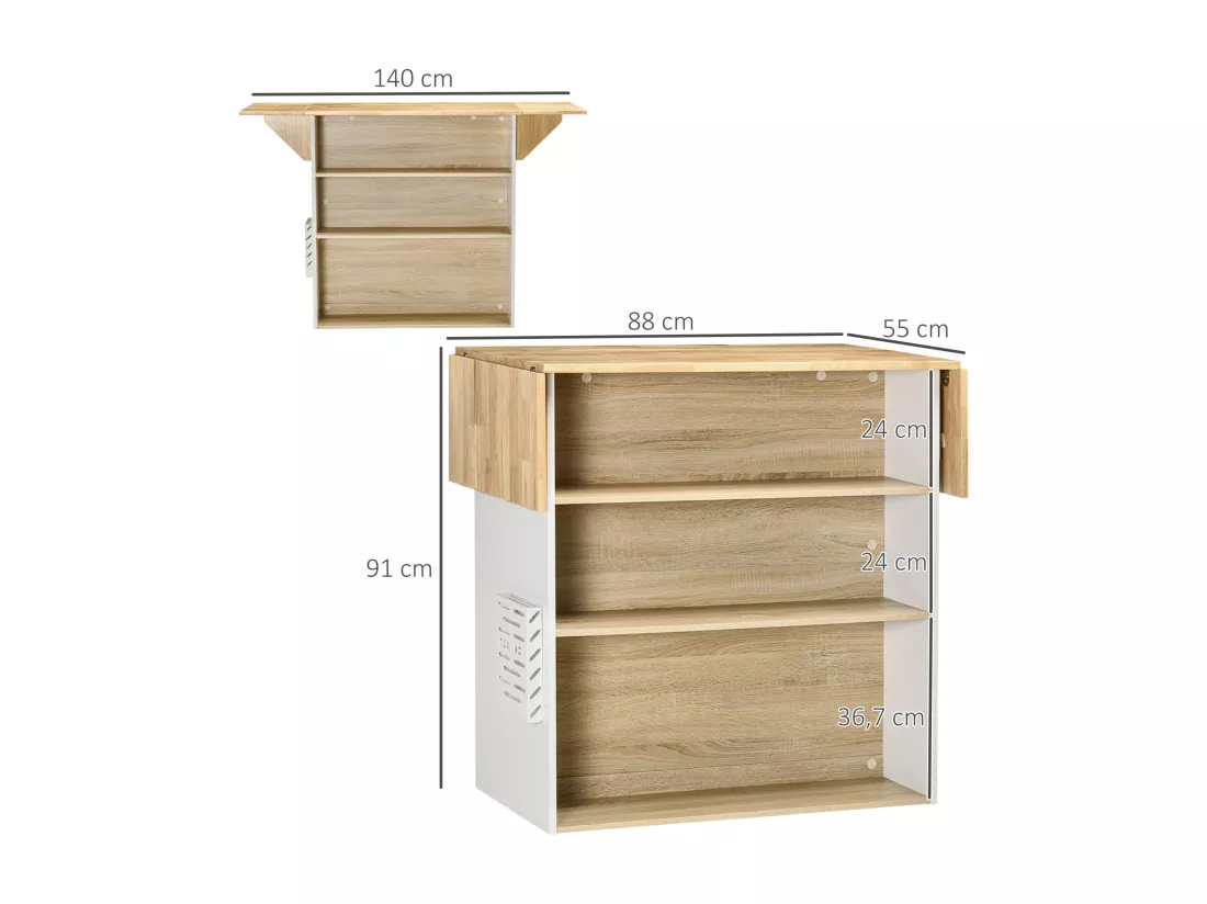 Ilot central de cuisine avec rangements plan de travail rabattable 2 étagères 140L x 55l x 91H cm blanc et aspect chêne clair