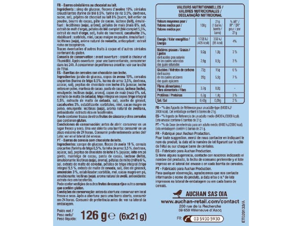 BARRAS CEREAIS AUCHAN C/CHOCOLATE LEITE 6 UN 126G