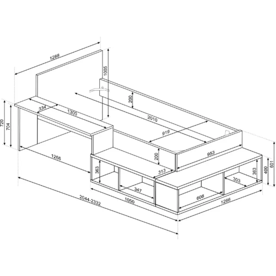 Bed Quinn 90x200 cm met bureau en opbergruimte - grenen/ wit
