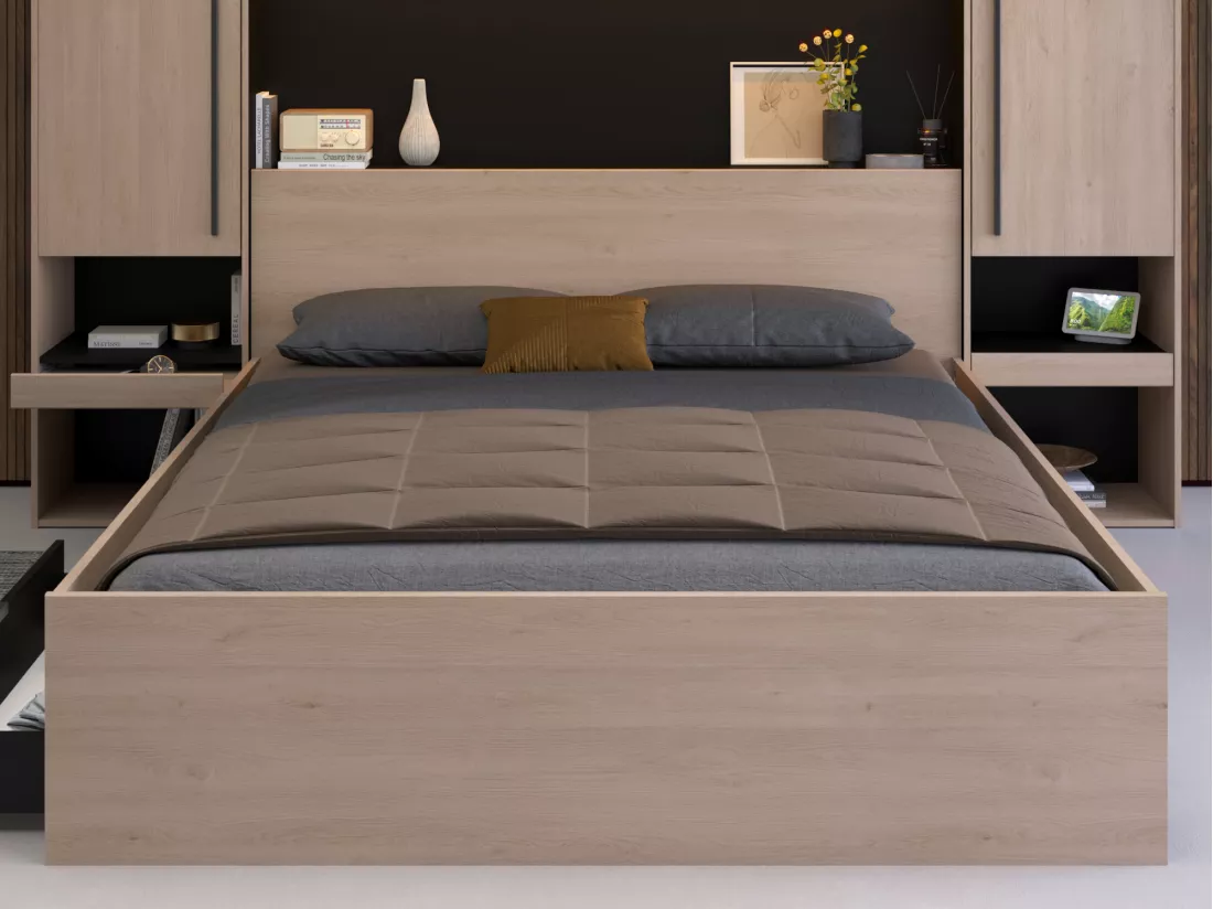 Lit pont 160 x 200 cm avec rangements - Avec LEDs - Coloris : Naturel et noir - VELONA