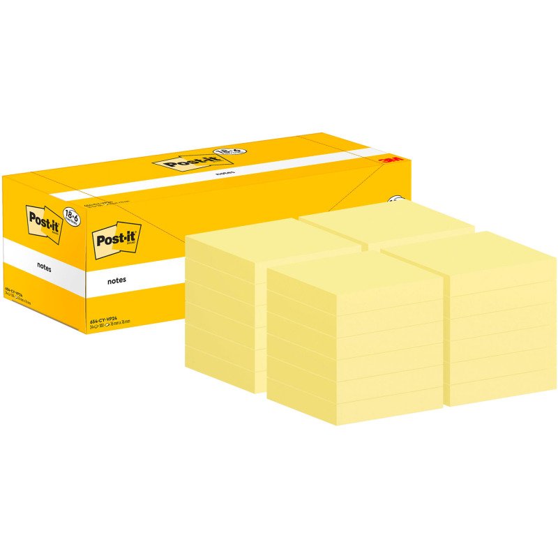 Pack de 18 notes repositionnables jaune Post-it 76 x 76 mm - bloc de 100 feuilles + 6 offertes