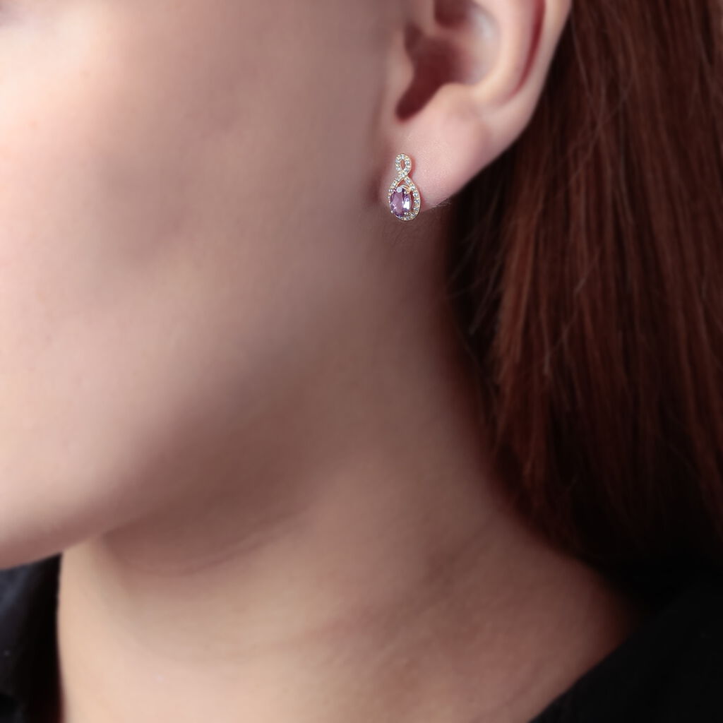 Boucles D'oreilles Pendantes Passion Or Jaune Amethyste Et Oxyde
