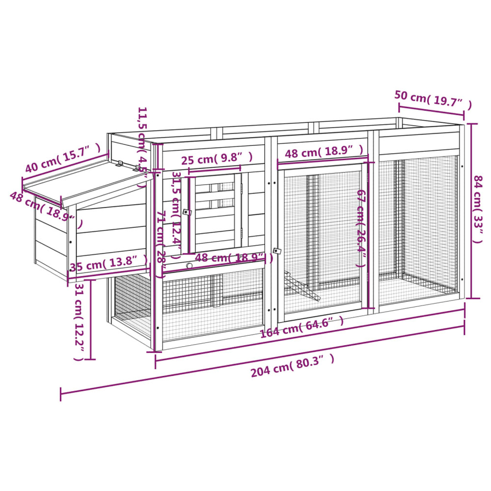 Poulailler moka 204x50x84 cm bois massif de pin