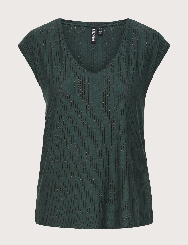 PIECES T-SHIRT FEMME LUREX BILLO COL V KAKI