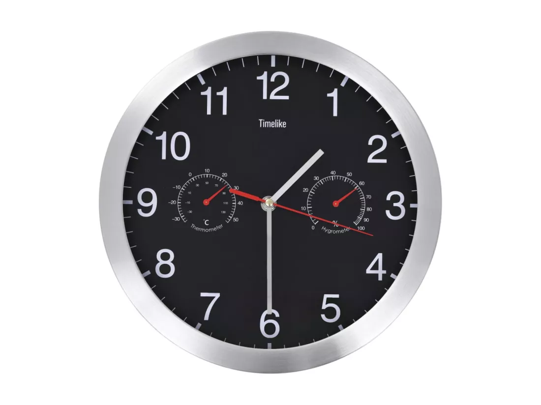 Horloge murale à quartz Hygromètre et thermomètre 30 cm Noir