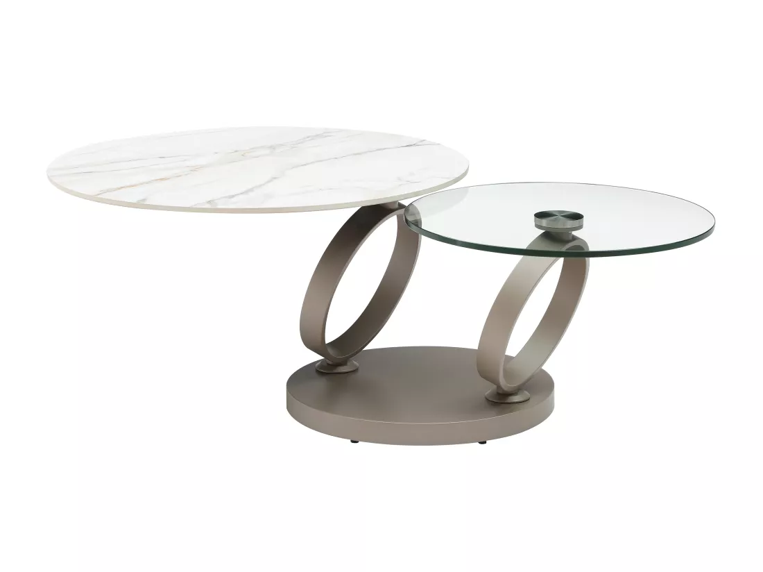 Table basse avec plateaux pivotants en céramique, verre trempé et métal taupe - Effet marbre blanc - JOLINE de Maison Céphy