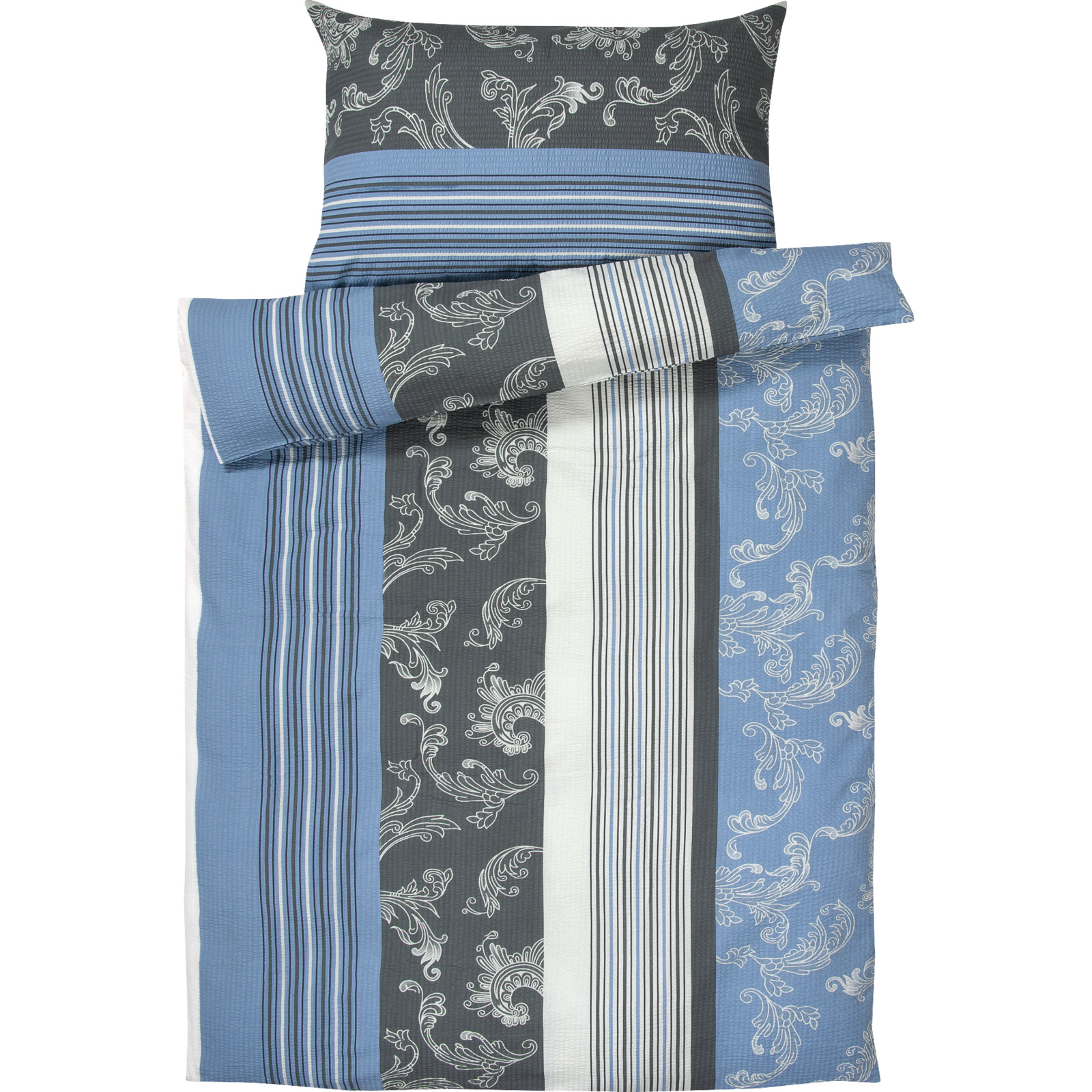 Bettwäsche Seersucker blau mit Ornamenten 200x210 2x65x65 Bettanzug Fra