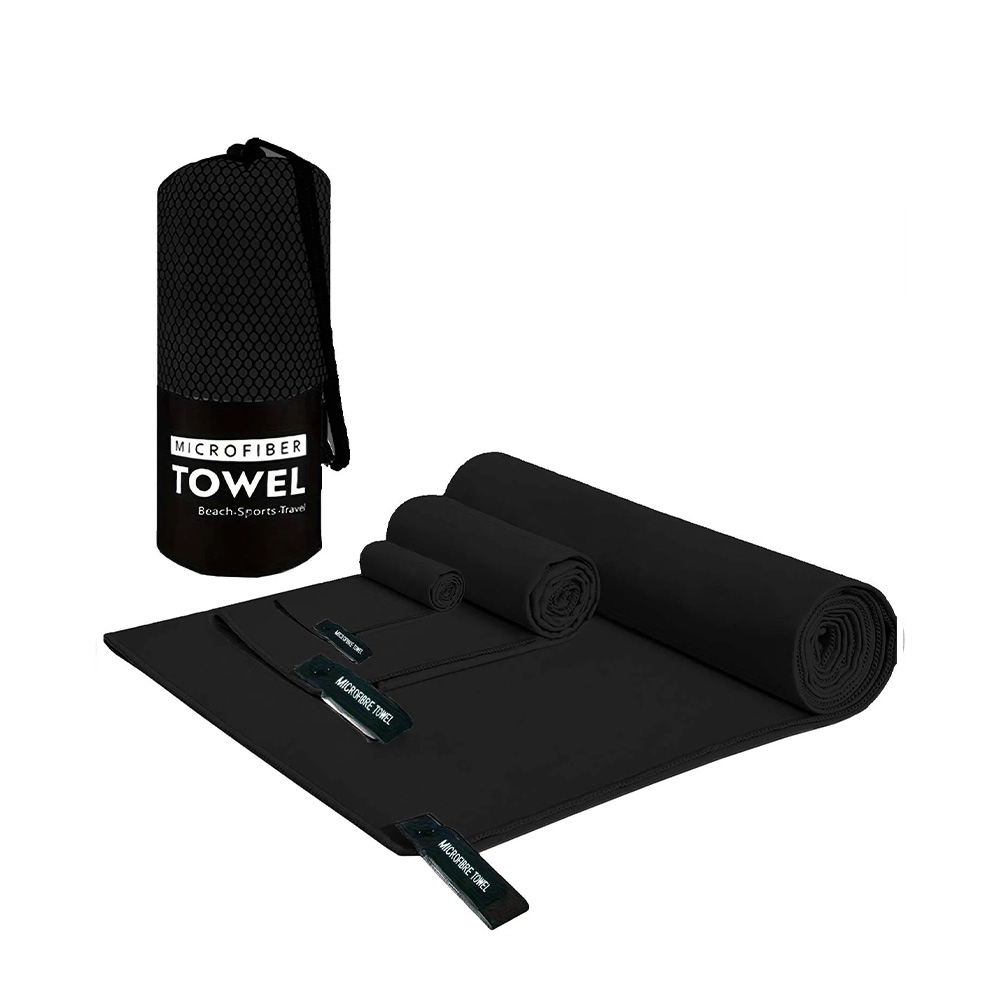 (2er Set) Mikrofaser Sport Handtuch Fitness Tuch für Workout / Yoga / Wandern / Reisen - Schwarz