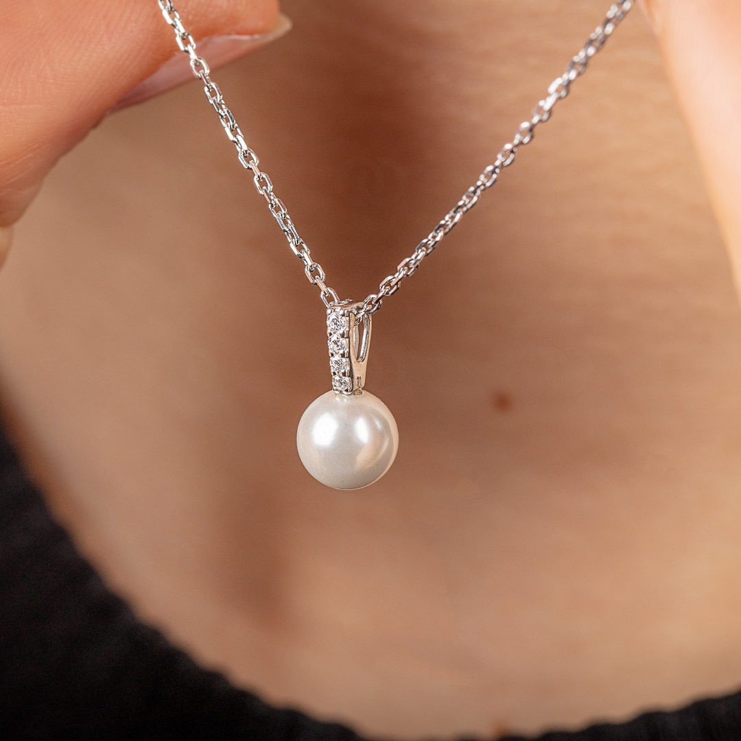 Collier mit Anhänger 925 Silber rhodiniert mit Kunstperle 7mm & Zirkonia