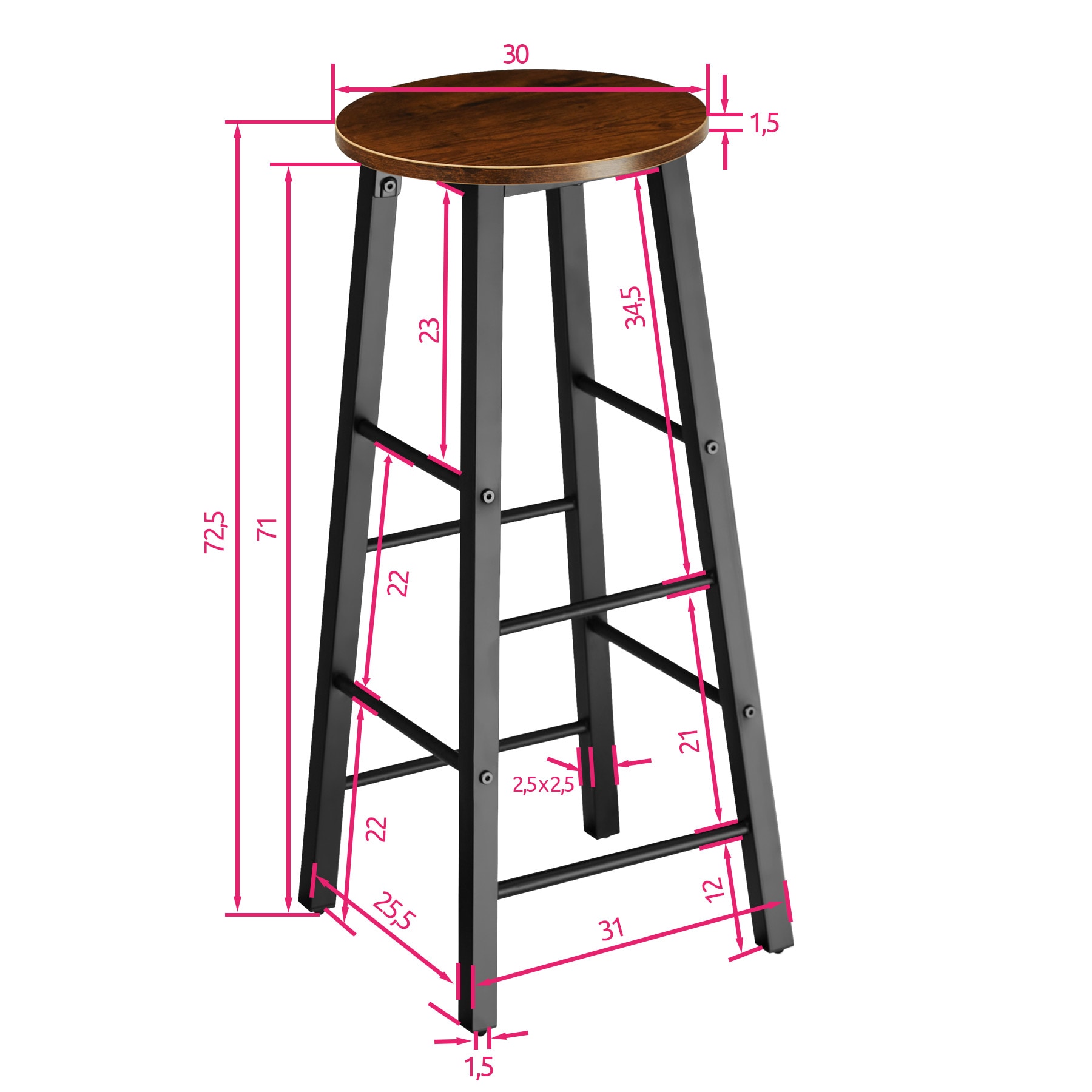 tectake® 2er Set Barhocker, Industrial Style, mit höhenverstellbaren Kunststofffüßen, Sitzhöhe 72,5 cm