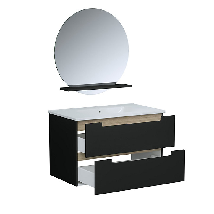 Ensemble meuble de salle de bains à suspendre l.80 cm noir mat avec plan vasque céramique + miroir, Prizo