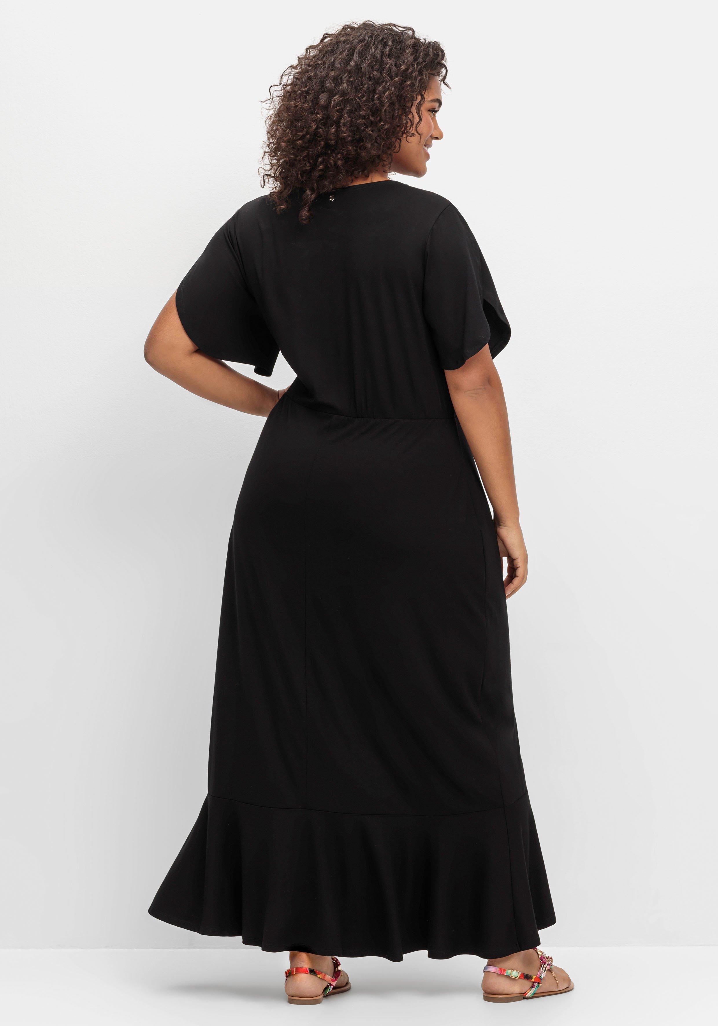 Langes Jerseykleid in Wickeloptik, mit Volantrock