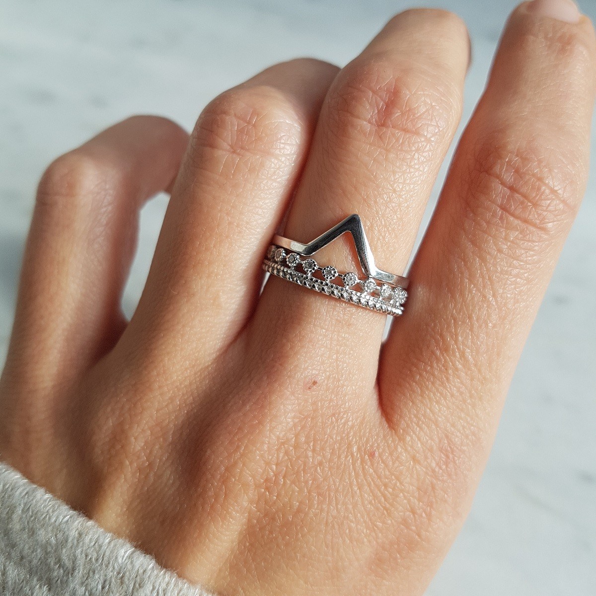 Bague Fine Argent Couronne Pierres Precieuses Zirconium
