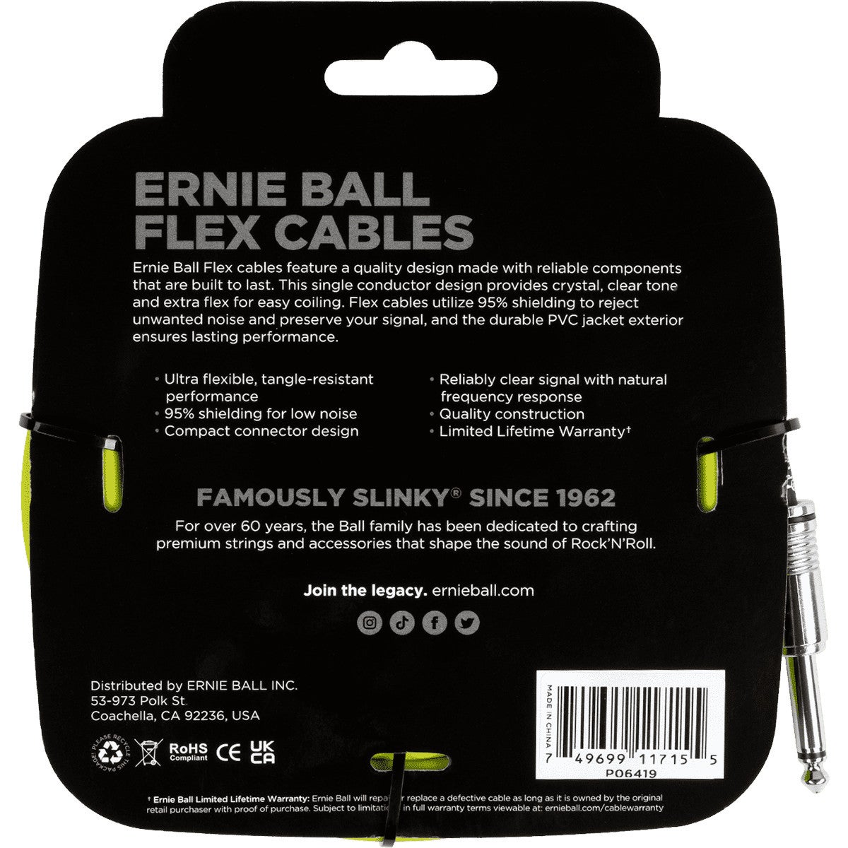 Ernie Ball 6419 Flex 6 meter instrumentkabel geel