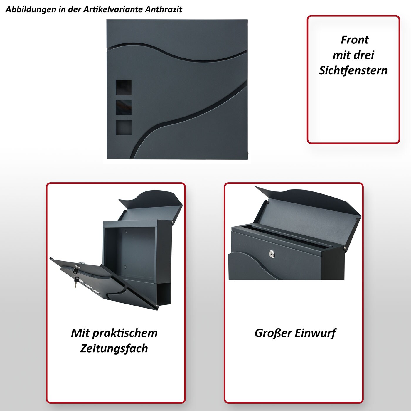 Briefkasten MCW-B31, Wandbriefkasten Postkasten Zeitungsfach pulverbeschichtet ~ anthrazit