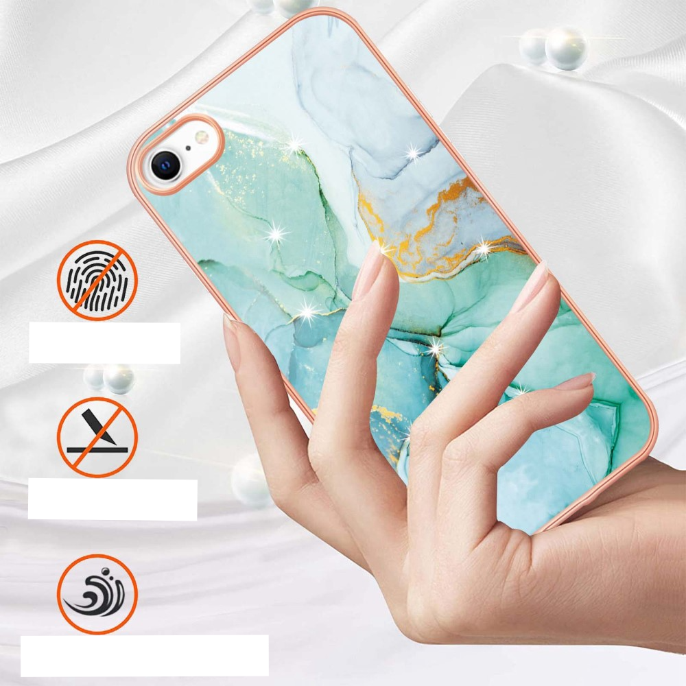 iPhone SE (2022/2020) / 8 / 7 / 6S Gummi Case Hülle Galvanisierter Rahmen Marble Marmor Design - Türkis / Roségold