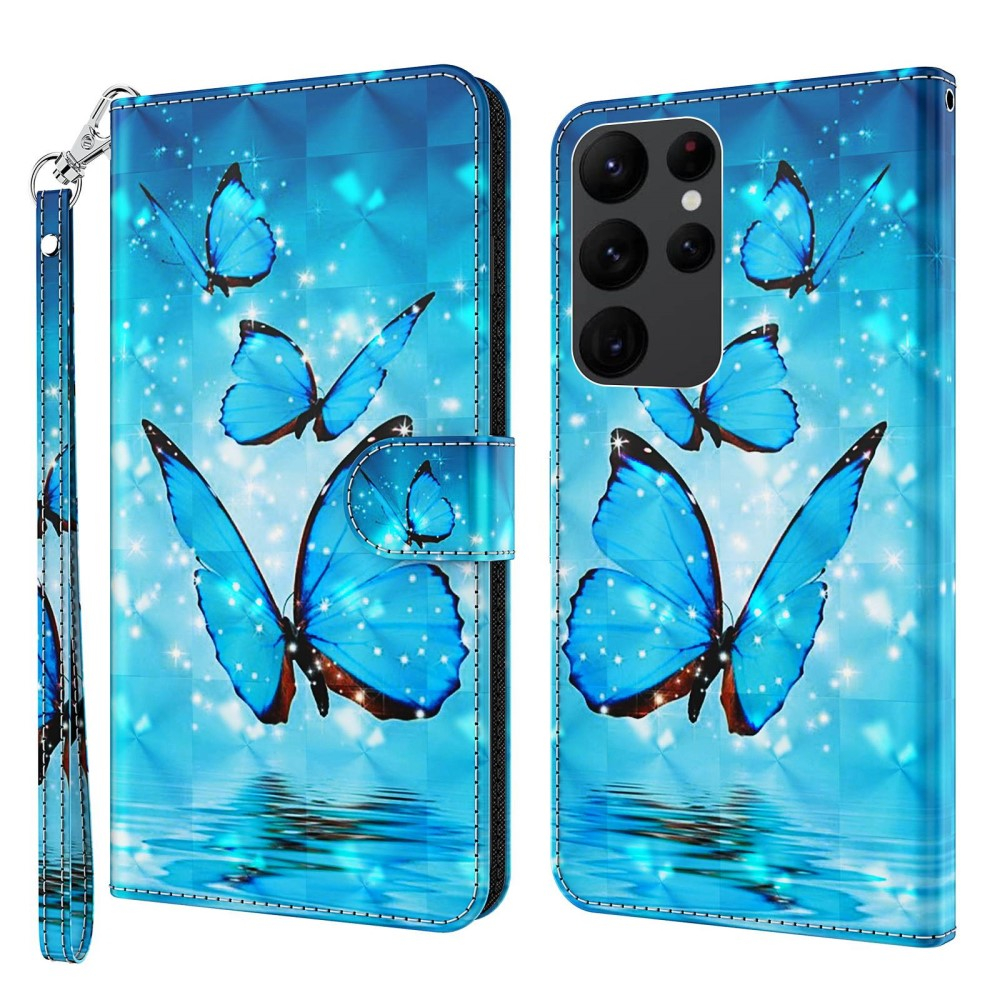 Samsung Galaxy S23 Ultra 5G Leder Tasche mit Kartenfach   Handschlaufe - Blaue Schmetterlinge