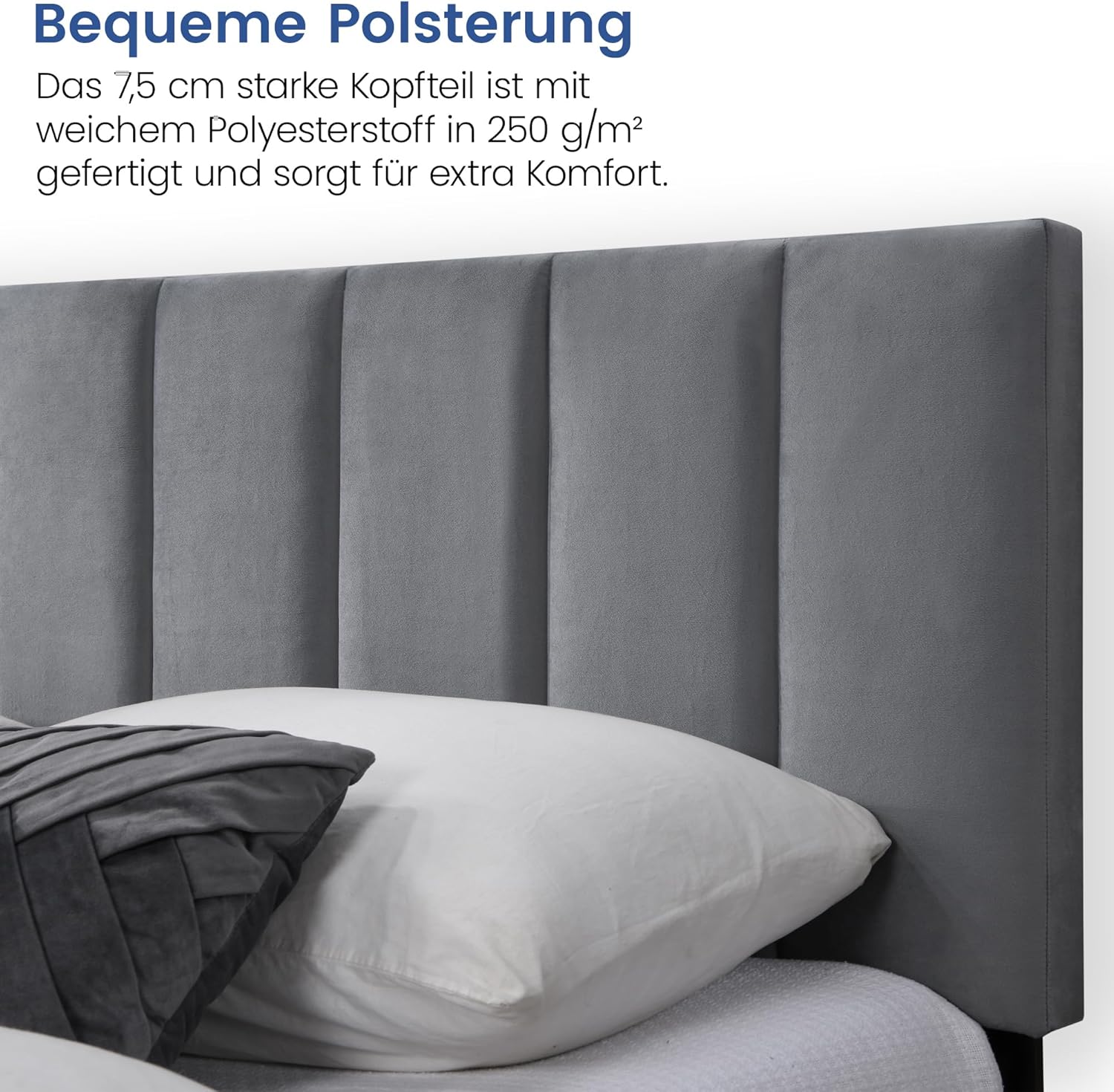Home Collective Bett 140x200 cm Polsterbett mit Lattenrost Bettgestell Doppelbett mit weichem Bezug und gepolstertem Kopfteil mit vertikaler Steppung Robustes Gestell hoher Liegekomfort Grau 140x200