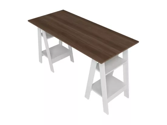 Bureau 2 Tréteaux 4 Niches Blanc et Châtaignier L 135 H 75 P 60 cm