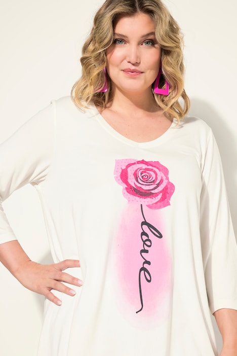 T-Shirt, A-Linie, Rosen-Motiv, 3/4-Ärmel