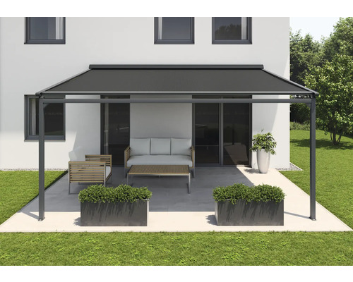 SOLUNA Pergola met stoffen dak 4x3, doekdesign 320925, frame RAL 7016 antracietgrijs, aandrijving links inclusief motor, wandschakelaar (wandmontage)