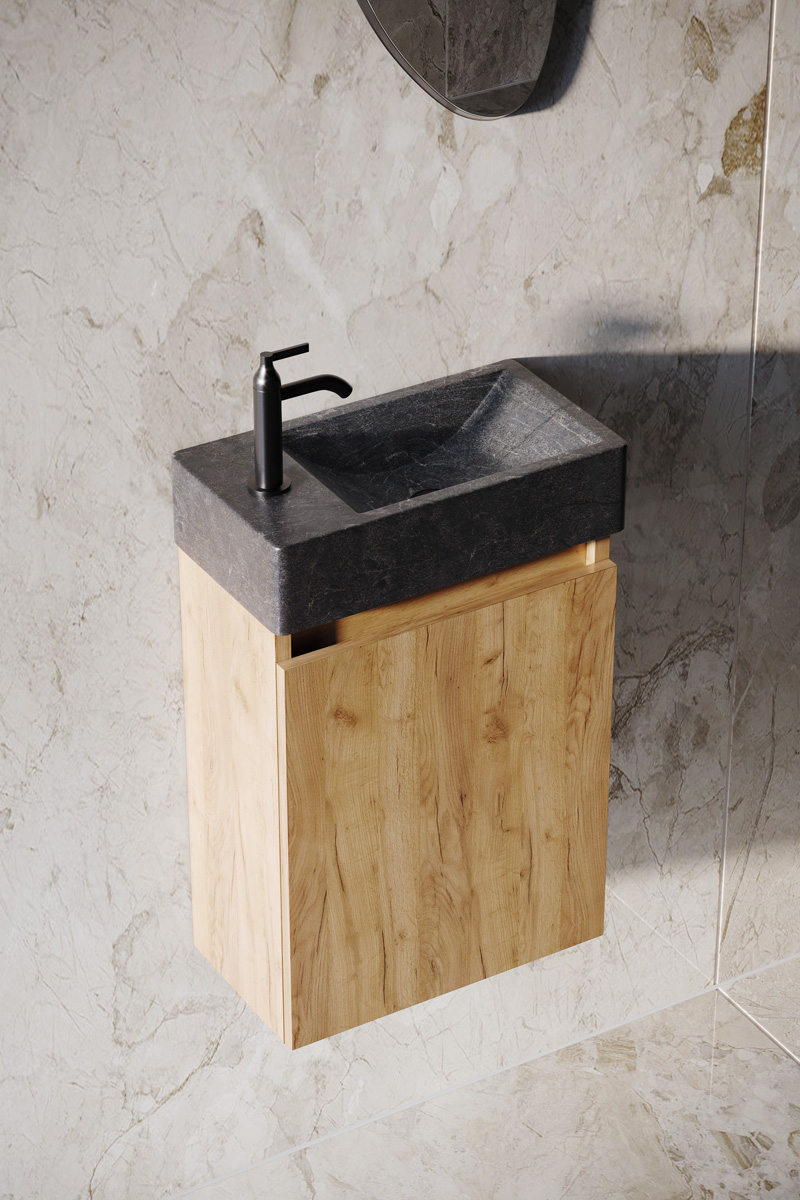 Fontana Recto toiletmeubel warm eiken 40x22cm met natuurstenen fontein links