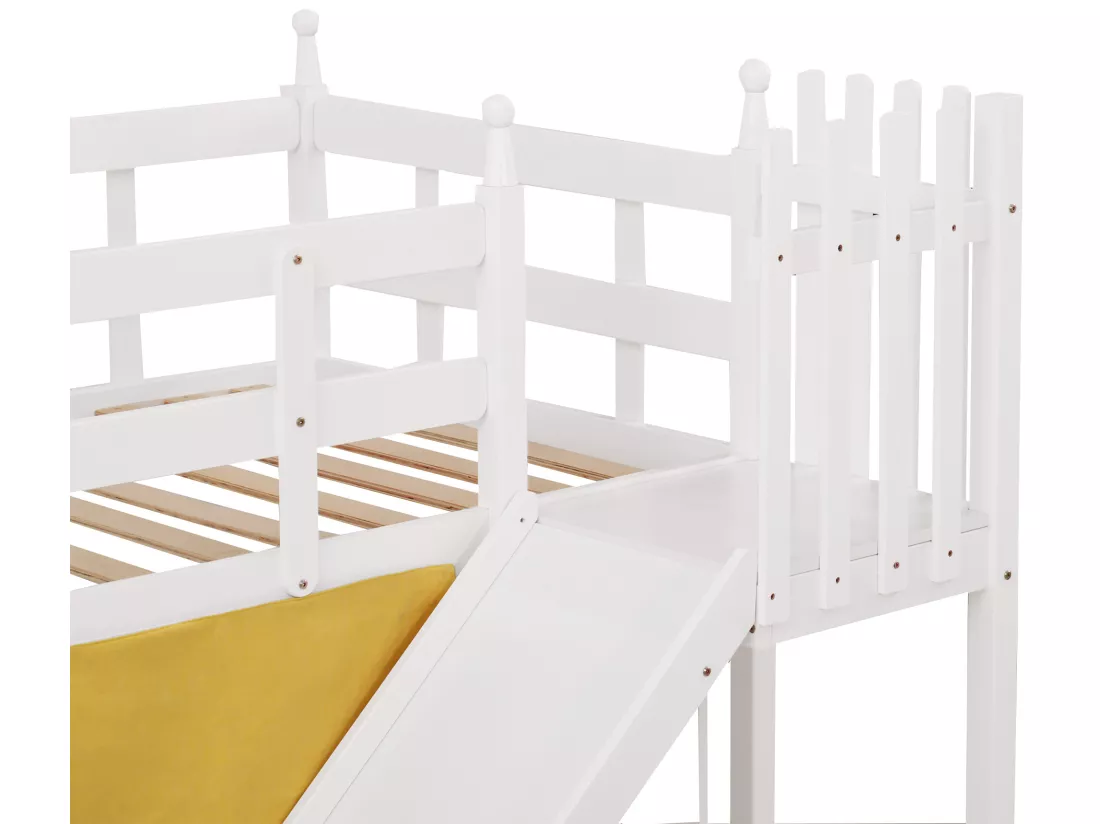 Lit superposé 90x200cm en pin massif avec échelle et toboggan de rangement - Blanc