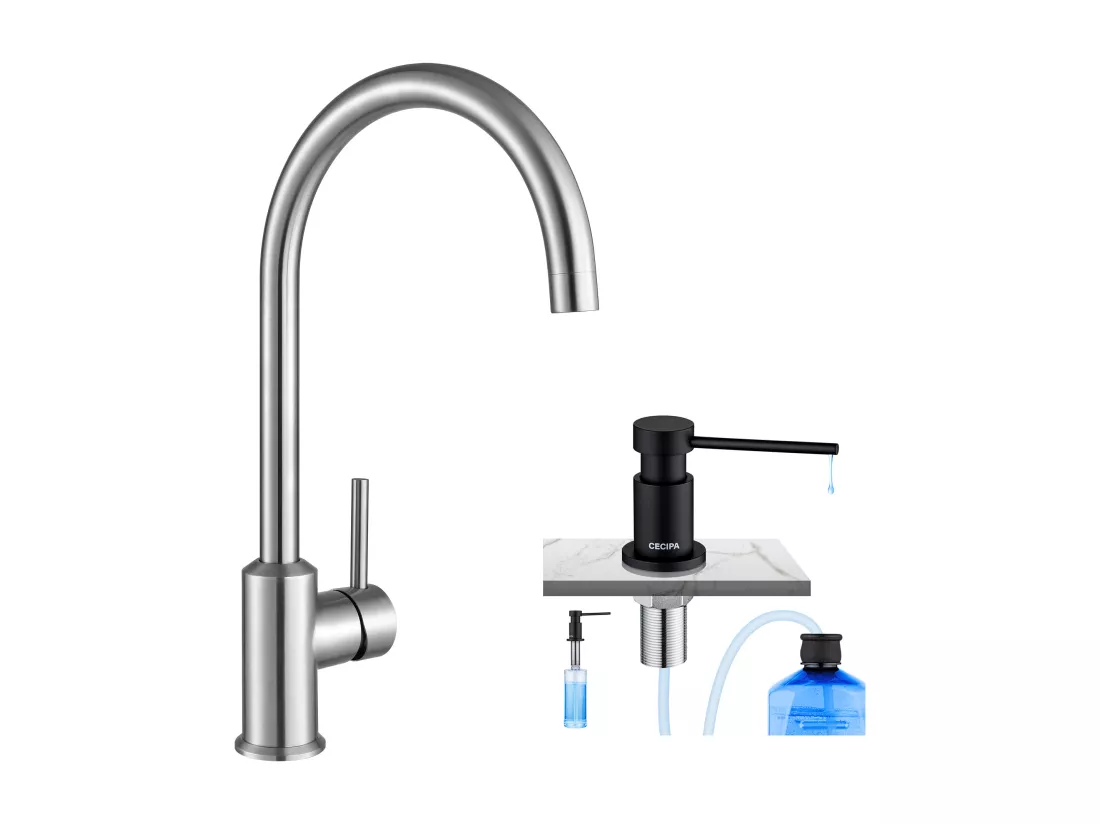 Cecipa max Mitigeur de Cuisine Monocommande, Robinet Évier en Acier Inox Brossé , Robinetterie Rotatif à 360° + Distributeur de Savon de Cuisine Noir