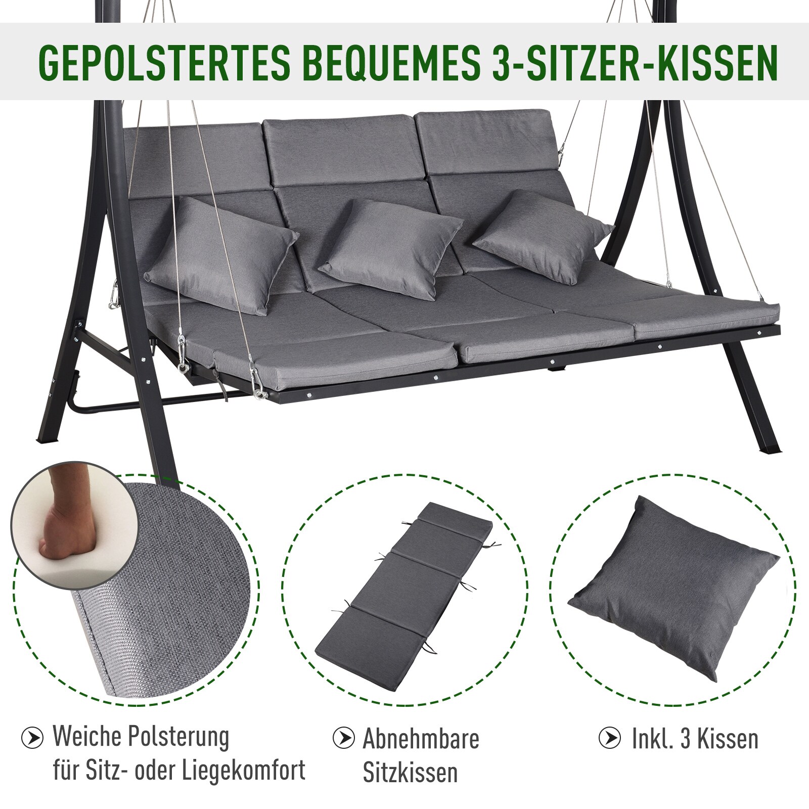Outsunny Hollywoodschaukel als 3-Sitzer grau/schwarz 200 x 115 x 168 cm (BxTxH)