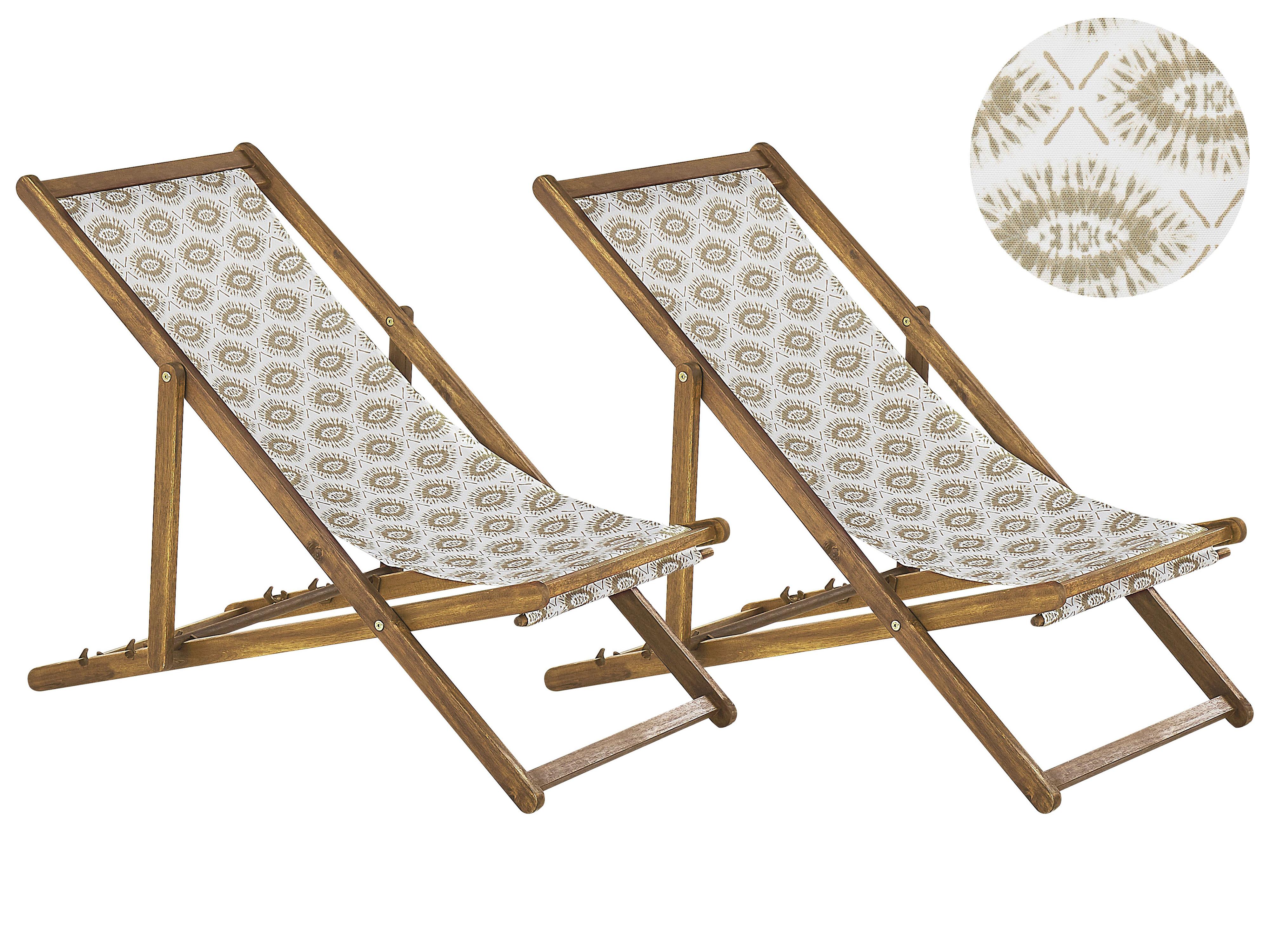 Set van 2 inklapbare ligstoelen ANZIO met vervangingshoezen Abstract motief Acaciahout Lichtbruin