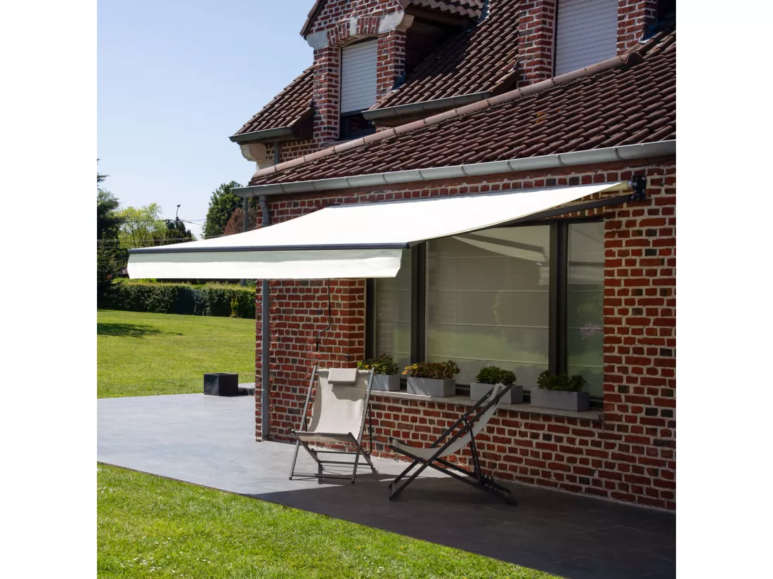 Store banne SAULE 3,95 × 3m - Toile beige et structure grise - HAPPY GARDEN