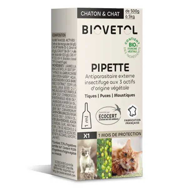 Biovetol - Antiparasitário - Pipeta orgânica descartável para gatos/gatinhos - 1ml