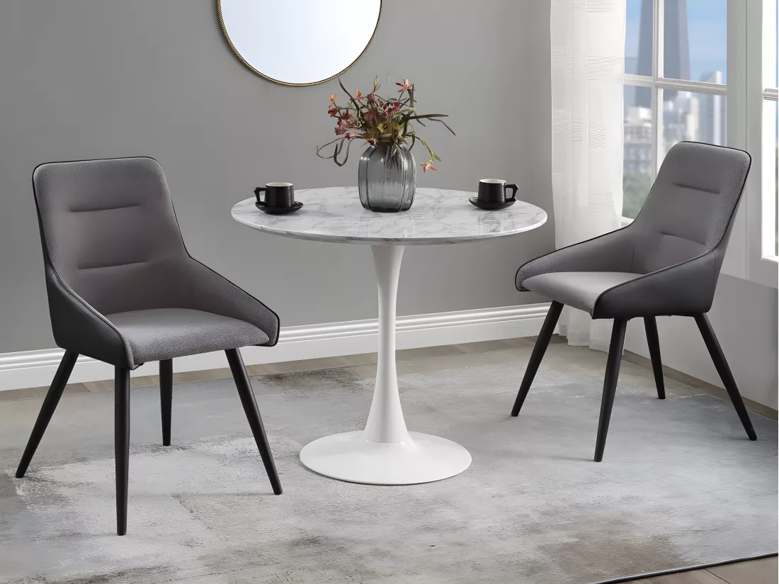 Table à manger ronde MANAGA - 4 personnes - MDF Blanc Effet Marbre