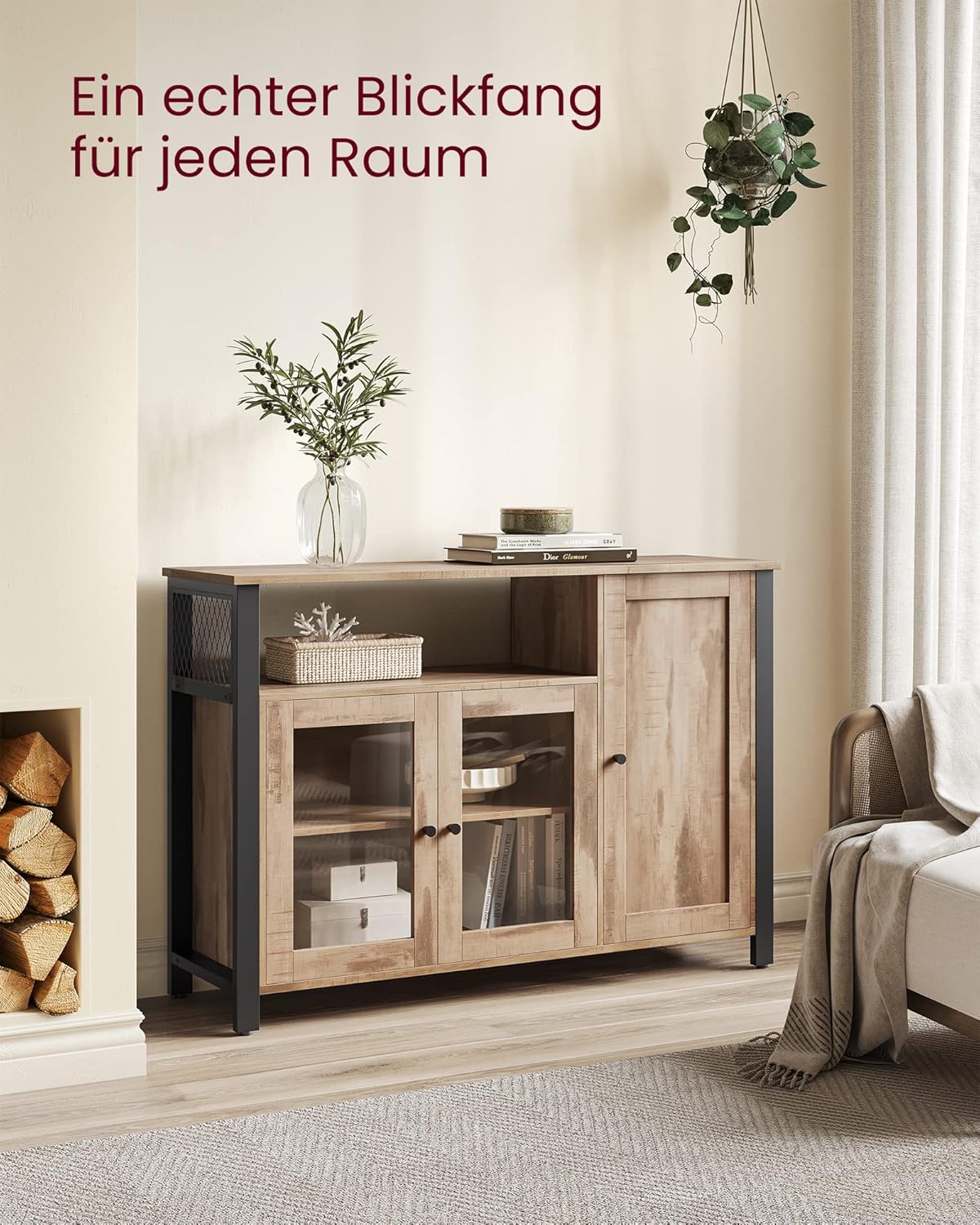VASAGLE Sideboard, Küchenschrank, Aufbewahrungsschrank, mit 3 Türen, für Wohnzimmer, Küche, Esszimmer, 33 x 110 x 75 cm, Landhausstil, eichenbraun-schwarz LSC096B50