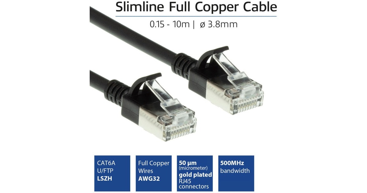 ACT ConnectivityLSZH U/FTP CAT6A datacenter slimline patchkabel snagless met RJ45 connectoren  (Zwart, 10 meter)