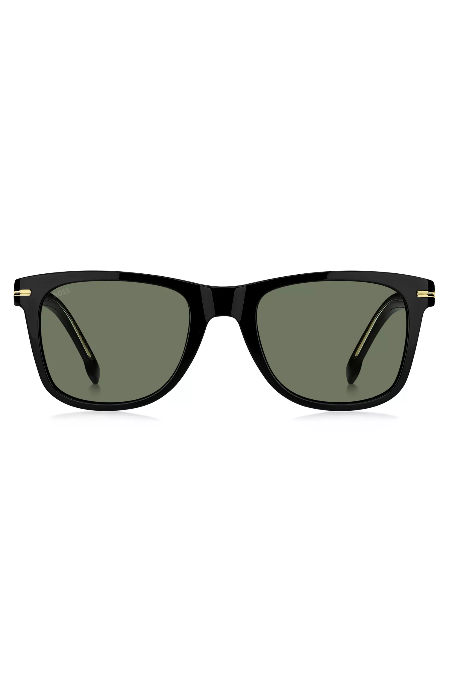 Óculos de sol BOSS em acetato preto com detalhes dourados exclusivos.