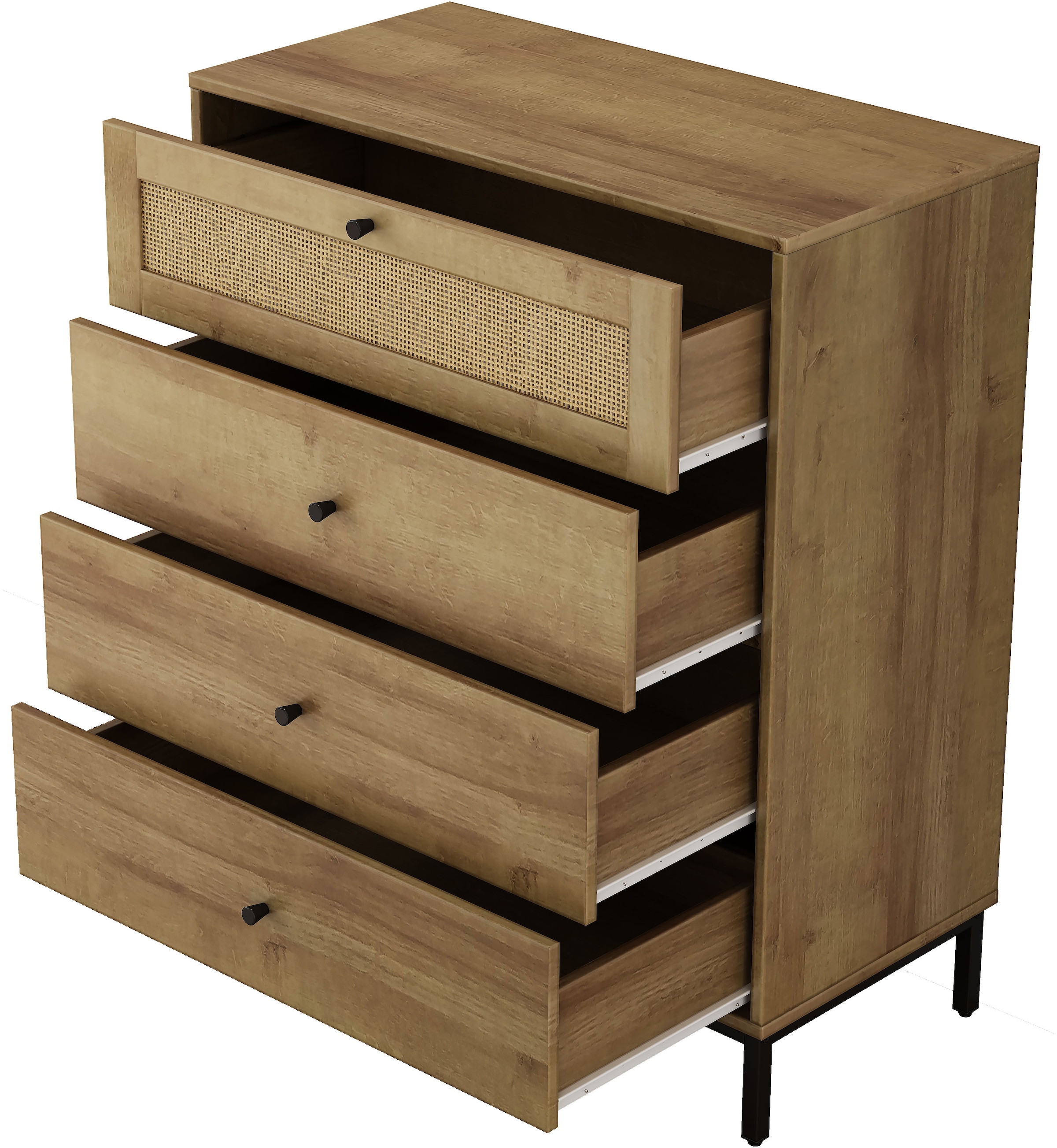 GOODproduct Kombikommode »Motala Sideboard Wäscheschrank im BOHO Design Bestseller Kommode« Eichen-Design mit Geflecht Schublade und schwarzen Griffen,