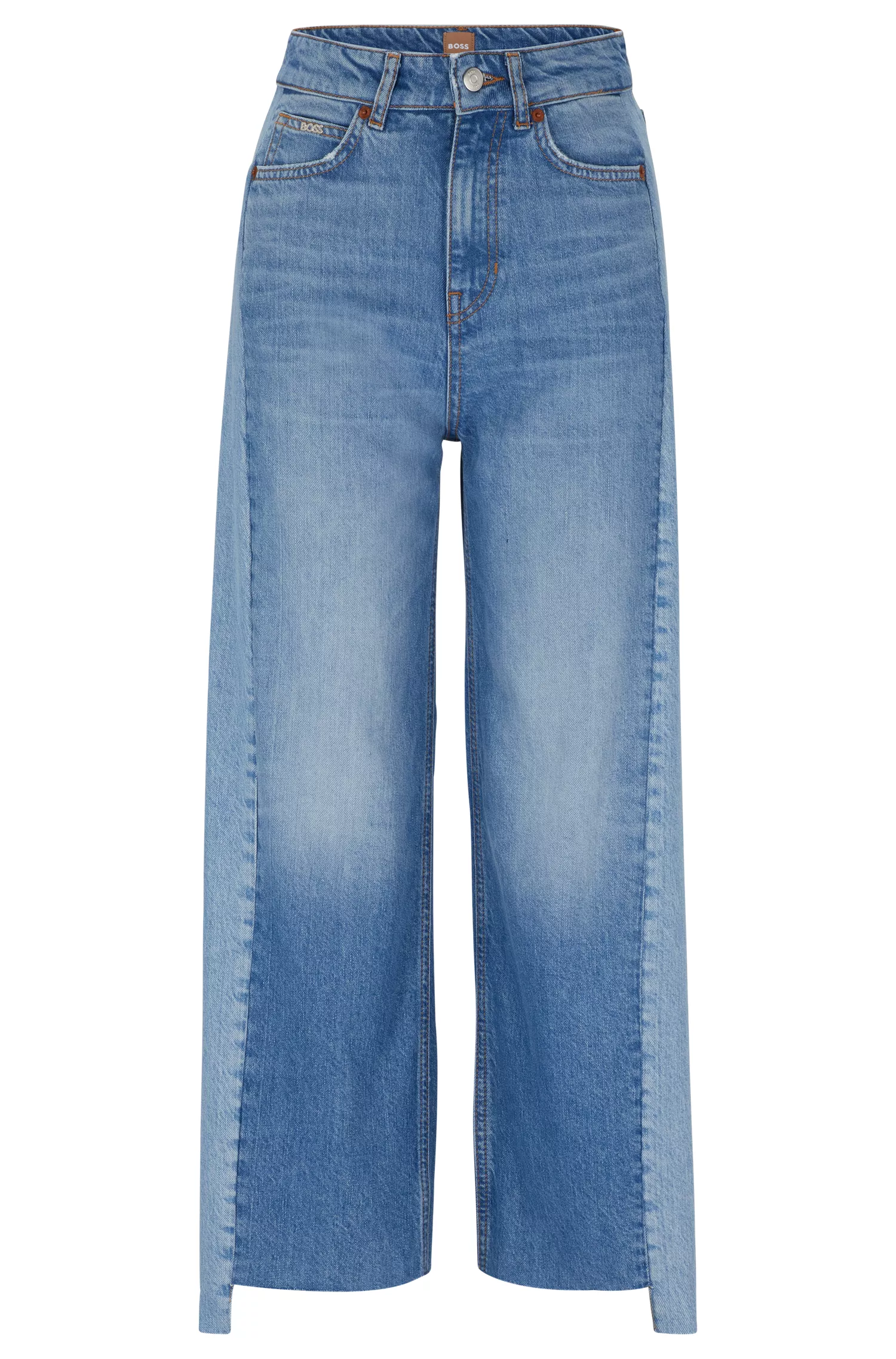 Calça jeans BOSS preta, corte reto, em denim bicolor azul.